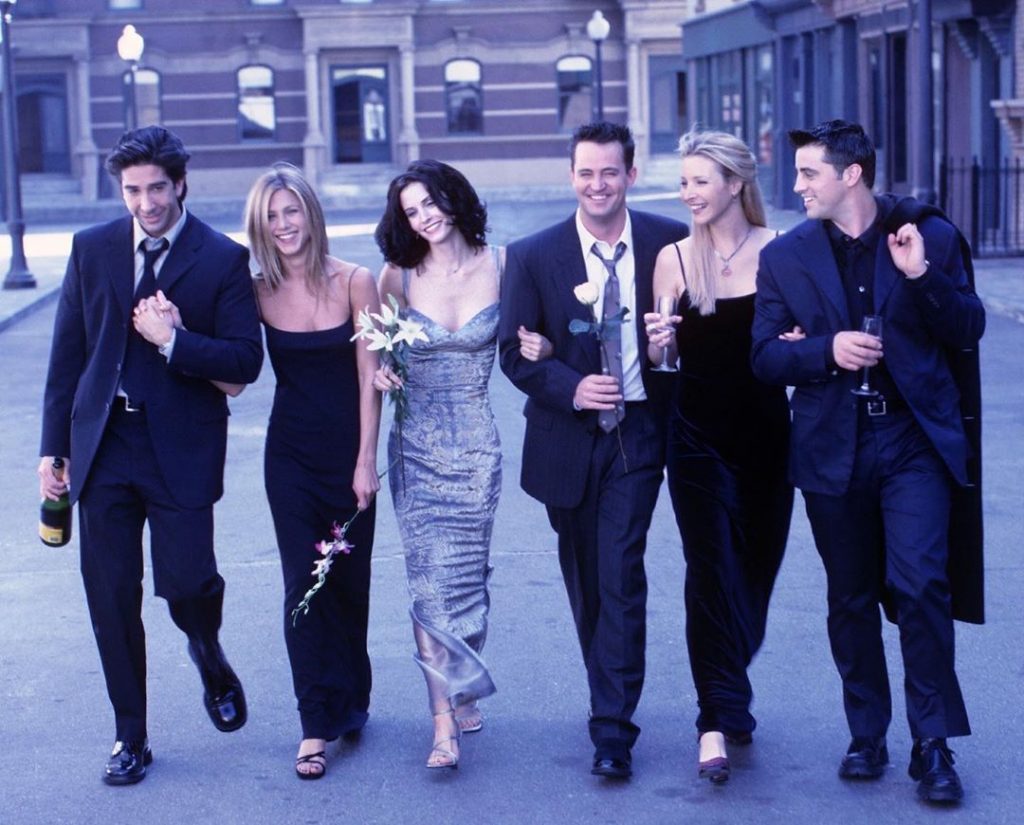 Friends cast including Jennifer Aniston, Courteney Cox, Lisa Kudrow, Matt LeBlanc, Matthew Perry, and David Schwimmer.