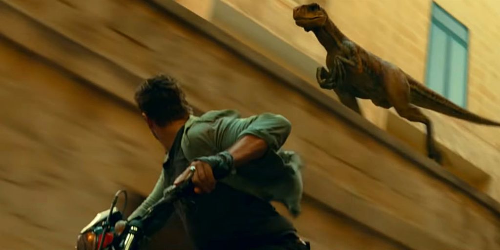Chris Pratt Raptor Chase on Bike in Jurassic World Dominion